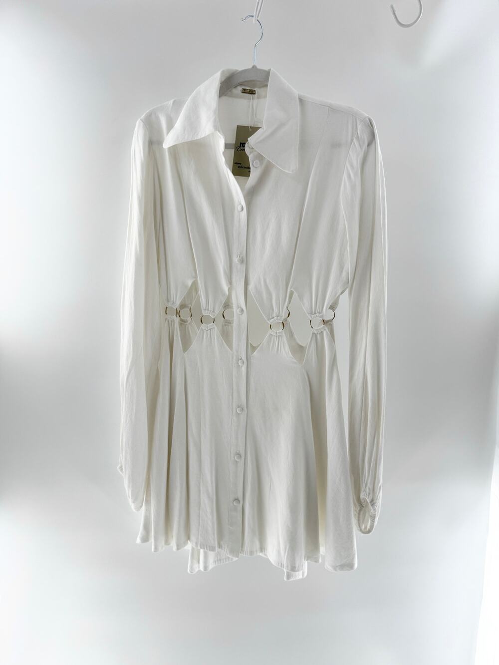 Cult Gaia Long Sleeve Cutout Waist Button-Up Mini Shirt Dress White Women Size S